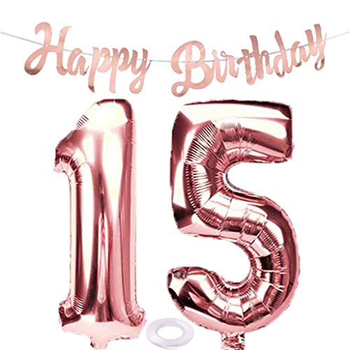 SNOWZAN Globo de 15 cumpleaños en oro rosa para niña, número 15, globo gigante de helio, número 15, globos con números grandes de 15 años, XXL, guirnalda de 32 pulgadas, número 15, para fiesta
