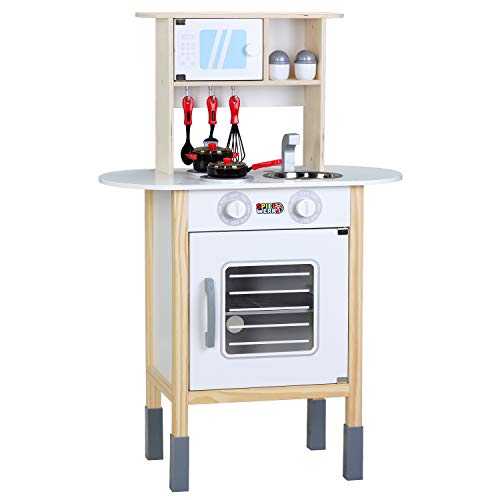 Spielwerk Cocinita Happy Kitchen Cocina de Madera Juguete para niños 35 Accesorios 57x29,5x77/83cm Altura Ajustable