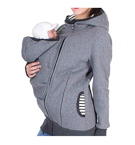 Sudadera Canguro con Capucha Mujer Premamá Sudaderas Portabebés Bolsillo Funcional Chaqueta Manga Larga Suéter Abrigo Outwear Talla Grande Invierno Portador de Bebé (Gris,L)