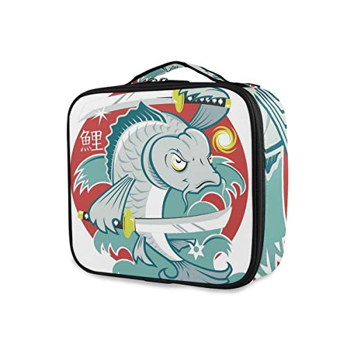 SUGARHE Koi Samurai Figura sobre Fondo Rojo Luchador de Animales Marciales,Neceser Maquillaje,Bolsa Cosméticos Organizador Brochas Maquillaje Estuches Portátil