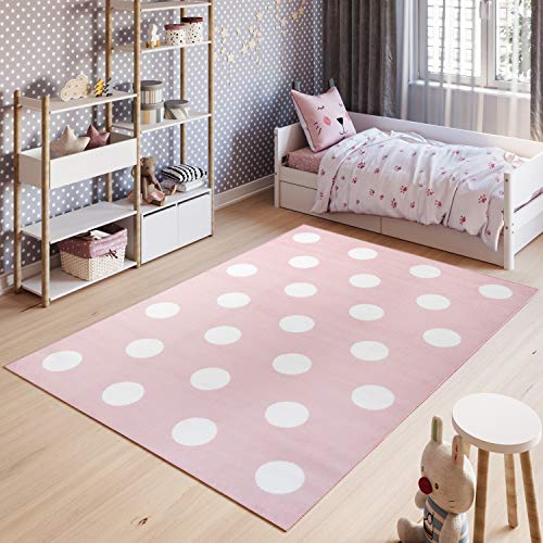 Tapiso Pinky Alfombra Cuarto de Niños Juvenil Diseño Moderno Rosa Blanco Puntos Circulos Juego Suave Delgada 160 x 220 cm