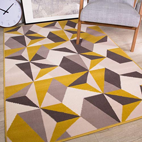 The Rug House Milan Alfombra para Sala de Estar con diseño geométrico caleidoscopio Tradicional Color Amarillo Ocre Mostaza Gris Beige 120cm x 170cm (3'11" x 5'7")