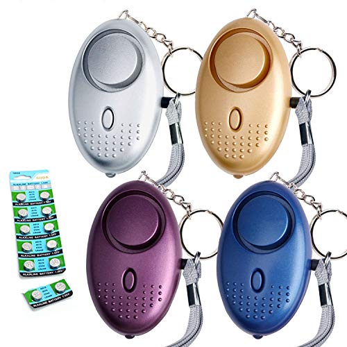 Tian 4 Packs 130DB Alarma Personal llavero de Emergencia con 12 Batería de botón LR44 Adicional - Alarma Seguridad Autodefensa con Luz LED para Mujeres, Niños, Ancianos (4 Packs, Multicolor)