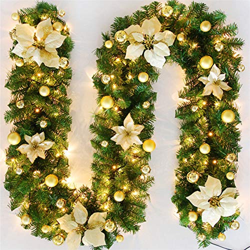 TopHGC Guirnalda de Navidad, 2.7M Chimeneas Escaleras Guirnaldas Decoradas Luces LED Adorno Corona de Navidad para decoración del hogar (Oro)