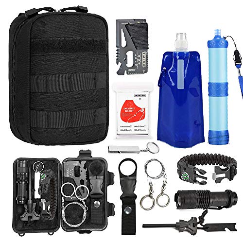 TOUROAM Emergency Survival Kit|Tactical Admin Pouch,Water Filter Straw,Foldable Water Bag,Mylar Blanket,5 In 1 Bracelet,SOS Multitools,Fire Starter