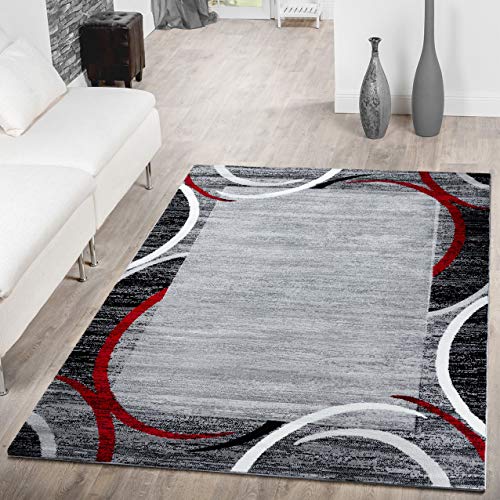 T&T Design Alfombra De Salón Moderna Económica con Ribete Semicírculos Jaspeada Gris Rojo, Größe:160x220 cm