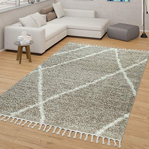 TT Home Skandi - Alfombra de salón, color beige y crema, pelo largo, diseño de rombos, resistente, suave, tamaño: 160 x 220 cm