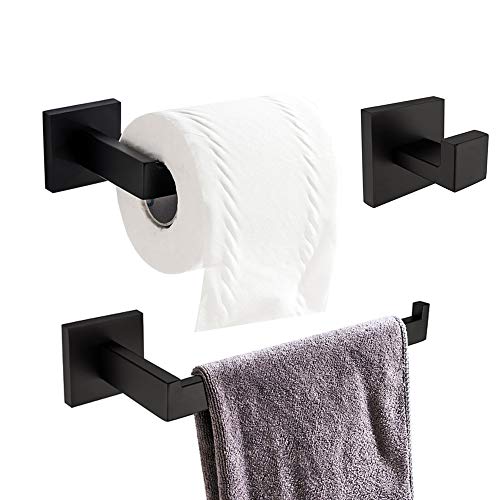 Turs 3 piezas de baño accesorio conjunto sus 304 inoxidable acero inodoro soporte de papel toalla bar/soporte albornoz gancho de pared, negro mate, A7010B