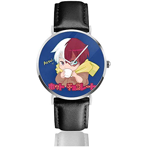 Unisex My Hero Academia Hotto Chokoretto Relojes Reloj de Cuero de Cuarzo con Correa de Cuero Negro