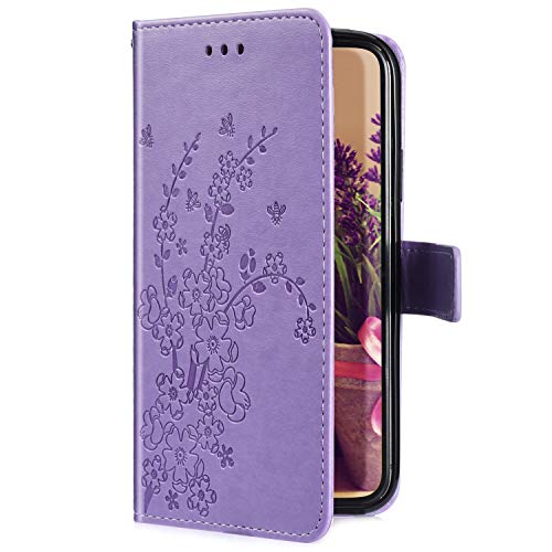 Uposao Compatible con Samsung Galaxy S10 Funda [Flor de Ciruruja] Flip Cover Funda protectora con ranura para tarjetas función soporte y abrazadera magnética para Samsung Galaxy S10, violeta