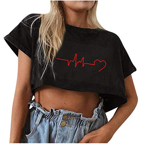 VEMOW Camiseta de Mujer Manga Corta Cuello Redondo, 2021 más Reciente Moda Y2k Manga Corta Crop Tops Corazón Impresión Corto Suelto Blusa de Las Mujeres Casual E Chica Pequeña Camisa Top(P,S)