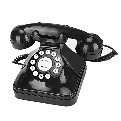 Vintage Negro Retro Teléfono fijo Multifunción de una sola línea Teléfono con cable Flash/Re-marcar/Retener Teléfono de escritorio Teléfono de marcado giratorio con base antideslizante para el hogar y