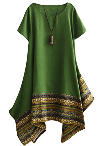 Vogstyle Mujeres De Verano De Algodón De Lino Vestido De Camiseta De Manga Corta LH000 Verde L