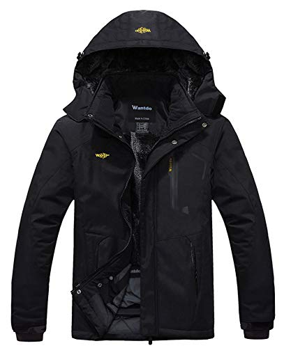 Wantdo Chaqueta Aislada con Vellón Cálida Invierno Chaqueta de Esquí Impermeable Montaña Chaqueta de Nieve con Capucha Abrigo Snowboard para Exteriores para Hombre Negro XX-Large