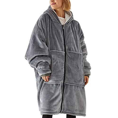 WMOFC Lovers - Manta de TV con mangas y bolsillo, forro polar suave para adultos, con capucha de invierno con cremallera de terciopelo albornoz largo suéter, color gris