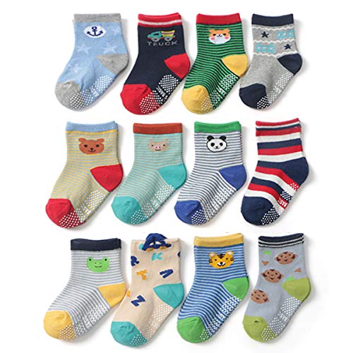 Yafane 12 Pares de Calcetines Antideslizantes para Niños Pequeños Algodón Lindo con Puños Calcetines Antideslizantes para Bebés (Color A, 3-5 años)