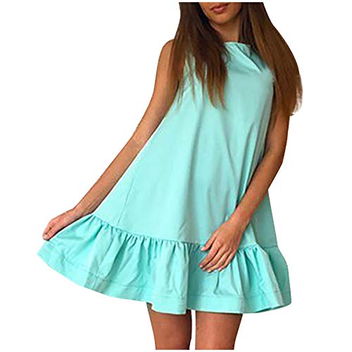 YANFANG Vestidos Cortos Mujer, Vestido Plisado Suave sin Mangas del Chaleco del Color sólido del o-Cuello Ocasional de la Moda de Las Mujeres