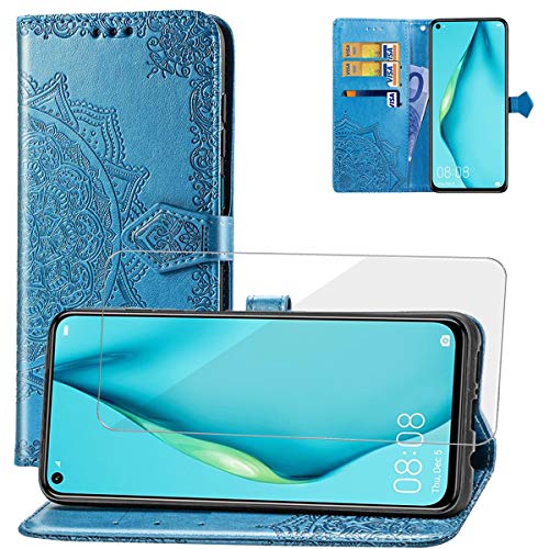 Yohii Funda Huawei P40 Lite + Cristal Templado, Piel PU Soporte Plegable Ranuras Cartera con Tapa Tarjetas Magnético Cuero Flip Carcasas, Case para Huawei P40 Lite - Azul