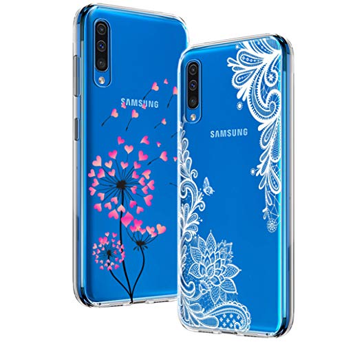 Yoowei [2-Pack] Funda para Samsung Galaxy A50 A30s A50s, Transparente con Dibujos Ultra Fino Suave TPU Silicona Protector Carcasa para Samsung A50 A30s A50s (Diente de Leon y La Loto Blanco)