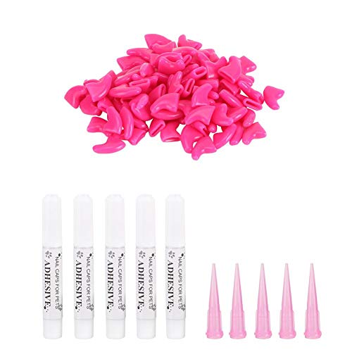 YOUTHINK 100Pcs Durable Pet Cat Soft PVC Nail Cover Paw Claw Cap Wrap Grooming Accesorio de Random 5Pcs Adhesive Glue con 5Pcs Aplicadores(M-Rosa Roja)