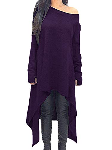 ZANZEA Vestido de Punto asimétrico de Manga Larga Suelta de Invierno Casual Sexy para Mujer Talla Grande 01-púrpura M