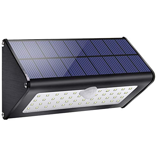 1100lm luces exteriores solares 4500mAh aluminio 120 ° sensor de movimiento infrarrojo impermeable IP65 luz de seguridad inalámbrica con 4 modos para jardín, patio, puerta, pared- luz blanca cálida