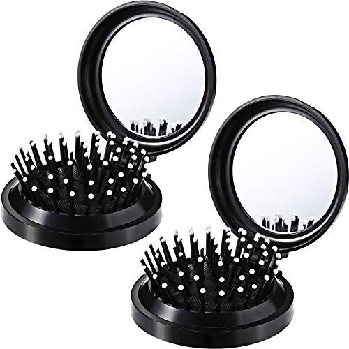 2 Cepillos de Pelo Plegables con Espejo de Viaje Cepillo de Pelo Plegable de Bolsillo Redondo Mini Peine de Cabello Peine de Masaje de Cabello de Viaje de Tamaño Compacto para Mujeres y Chicas (Negro)