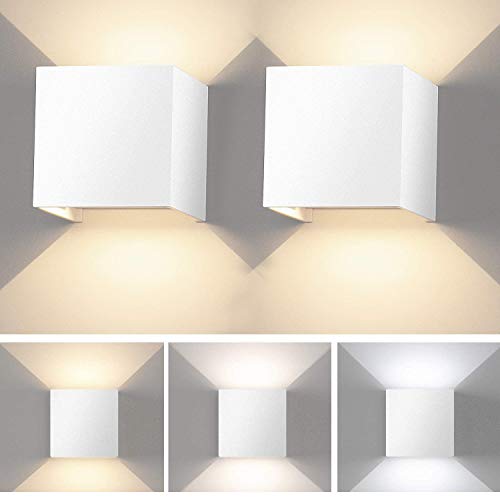 2 Pcs Lámpara de Pared Interior LED Apliques Pared Moderna Regulable Lampara Pared con Luz Tricolor Aplique cuadrado Pared Blanco IP65 Impermeable