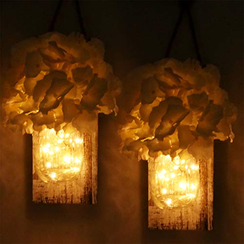 2 piezas de apliques de pared rústicos, Yofuly Decoración de madera rústica vintage para el hogar, ganchos de hierro forjado, hortensias de seda y luces de tira LED para la decoración del hogar