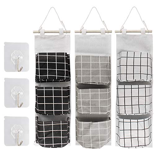 3 Piezas de Bolsa de Alamcenamiento Colgante, Organizador Pared de Avestruz, Colgando Organizador de Bolsillo para Cocina Dormitorio Baño Oficina, de Algodón + Madera, de Negro Blanco y Gris