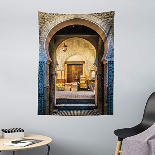 ABAKUHAUS Marroquí Tapiz de Pared y Cubrecama Suave, Típica Puerta Marroquí hacia Vieja Medina Mediterránea Arco Histórico Entrada Foto, Lavable Colores No Destiñen, 110 x 150 cm, Beige