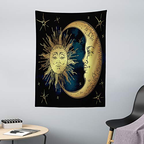 ABAKUHAUS Psicodélico Tapiz de Pared y Cubrecama Suave, Luna y Sol Sagrados en Estilo Antiguo Mito Lunar Astrología Arte Zen, Objeto Decorativo Lavable, 110 x 150 cm, Azul Petróleo