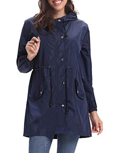 Aibrou Chaqueta Impermeable mujer,Chaqueta Cortavientos Running Abrigo Impermeable con Capucha Chubasquero impermeable Deportivo Chuvasqueros de lluvia Primavera , Armada , XL