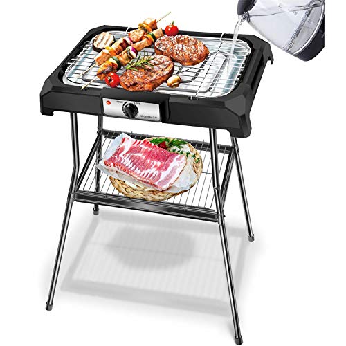 Aigostar Lava Pro 30RRD - Barbacoa eléctrica con patas, Grill, 2000W, bandeja recoge grasa extraíble, uso con agua: evita los humos, uso en exteriores e interiores, superficie antiadherente.