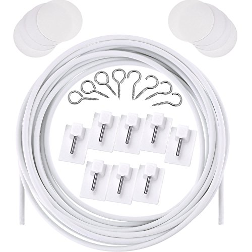 Alambre de Cortina Blanco Kit de Cuerda Colgante con 8 Ganchos Autoadhesivos, 8 Adhesivos de Doble Cara Transparentes y 4 Pares de Ganchos y Ojos para Barras de Cortina Malla (3 Meter) 