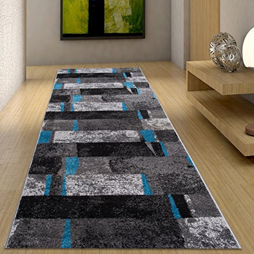 Alfombra De Pasillo Moderna Colección Twist - Color Antracita Gris Azúl De Diseño Cuadrado - Mejor Calidad - Diferentes Dimensiones S-XXXL 70 x 250 cm