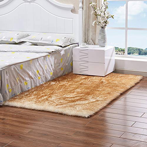 Alfombra de Piel de Imitación Suave Mullida Alfombras de Pelo Largo Artificial, Alfombra de Piel de Oveja Sintética Adecuado para Salón Dormitorio Sofá Silla Cojín Blanco Amarillo 80X180CM