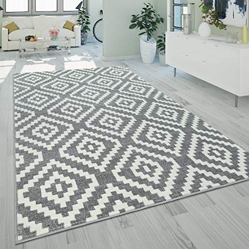 Alfombra De Salón Pelo Corto Moderna Motivo Geométrico Rombos Gris Blanco, tamaño:120x170 cm