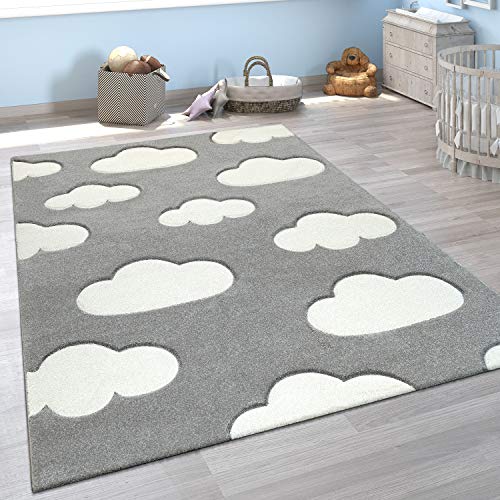 Alfombra Infantil Adorable Colores Pastel Motivo Nubes Pelo Corto En Gris Blanco, tamaño:80x150 cm