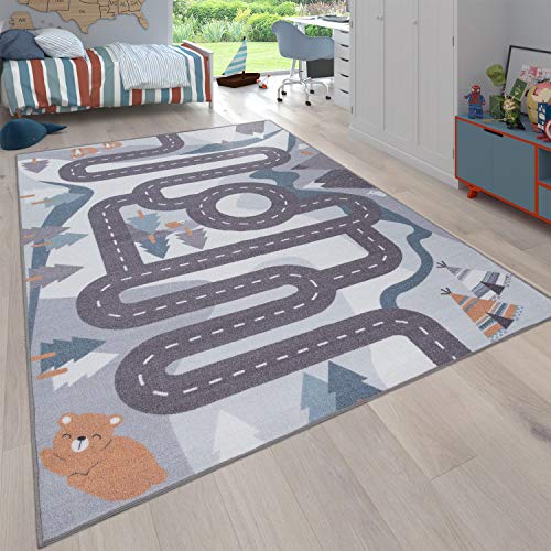 Alfombra Infantil Juego para Dormitorio Niños Motivo Calles con Animales Crema, tamaño:120x160 cm