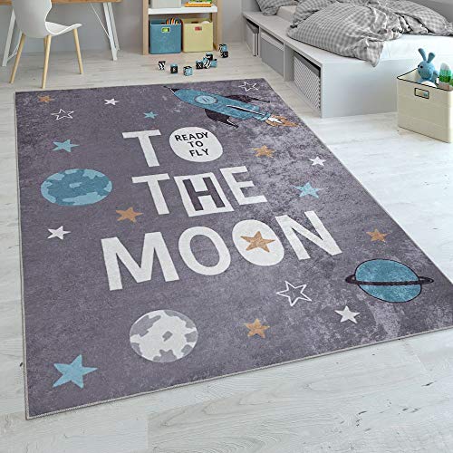 Alfombra Infantil, Tejido Plano para Habitación Infantil, con Estampado De Cohetes Y Frase, Gris, tamaño:80x150 cm