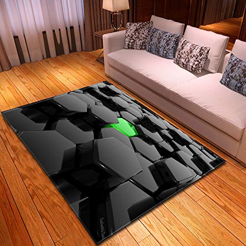 Alfombra Para Salón,Bloque De Color Negro Verde 3D Impreso Grandes Alfombras, Creatividad Patrón Geométrico Suelo Rectangular Non-Slip Alfombrillas, Alfombras De Decoración De Casa Niños Sala Ju