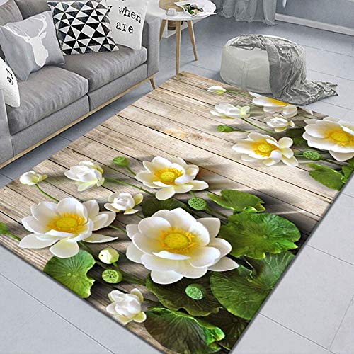 Alfombra Para Salón,Loto Blanco 3D Impreso Alfombras Grandes, Flores Modernas Suelo Rectangular Alfombras Antideslizantes, Alfombras De Decoración Del Hogar Niños Sala De Juegos De Alfombras De Ar