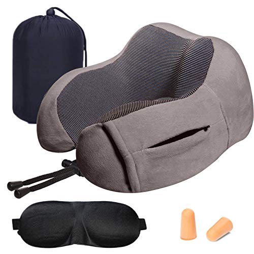 Almohada de Viaje Cervical Viscoelástica de Espuma de Memoria , Cojín de Viaje para Cuello Soporte Cervical con Máscara de Ojos, Tapones y Bolsa de Transporte para el Uso del Avión y el Hogar [Gris]