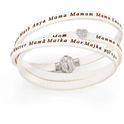 Amen Pulsera de Piel Colección Prega, Ama – Color Blanco – Tamaño 54 Madre de Todas Las Lenguas del Mundo Corazón Pavè