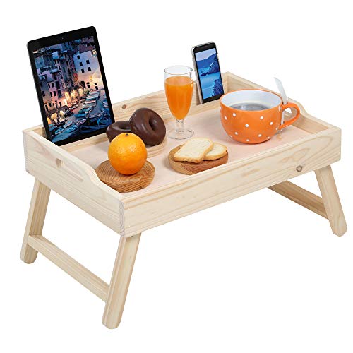 Aperlab Bandeja de madera con patas altas plegables, para comer en la cama o sofá. Grande, puede soportar un ordenador portatil, al mismo tiempo que tomas un café, con soporte para tablet y movil.