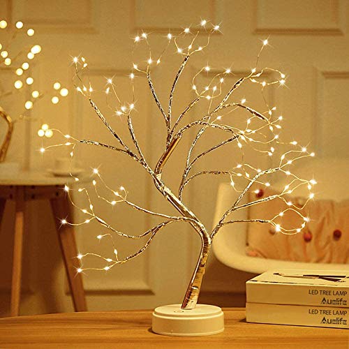 Árbol de luces LED blanco cálido USB Bonsai Árbol Luz Ajustable a pilas Árbol Decoración Pequeña Iluminación Interior Decoración para Gracias, Navidad (108 Perlas)