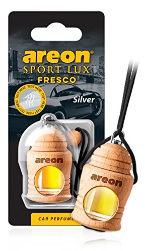 Areon Fresco Sport Lux Silver Ambientador de Aire del Coche Colgando en el Espejo Retrovisor Botella de Vidrio de Madera Gadget 3D para la Decoración Interior Casa Oficina Olores (Plata Paquete de 1)