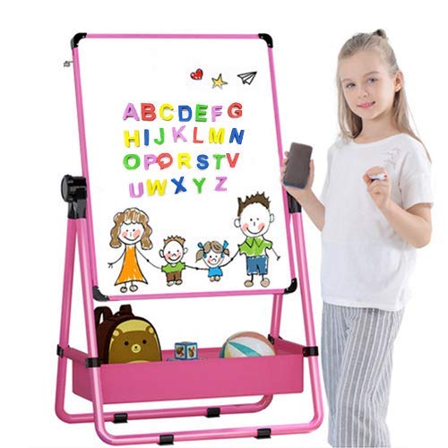 Arkmiido Pizarra Infantil Caballete para niños, Pizarra Magnetica Infantil, Pizarra Blanca y Pizarra con Soporte Ajustable y Giro 360 Grados y Letras y Números Magnéticos de Bonificación (Rosado)