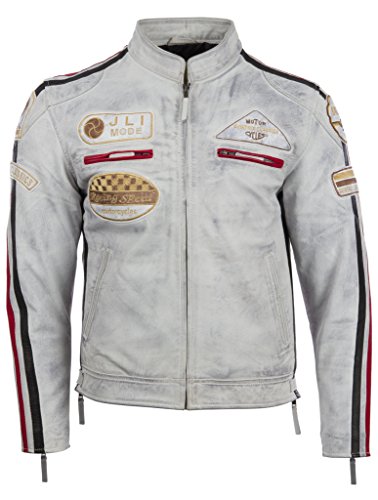 Aviatrix Chaqueta Biker De Cuero Autentico para Hombre con Cuello De Banda y Distintivos De Moto (CXUS)